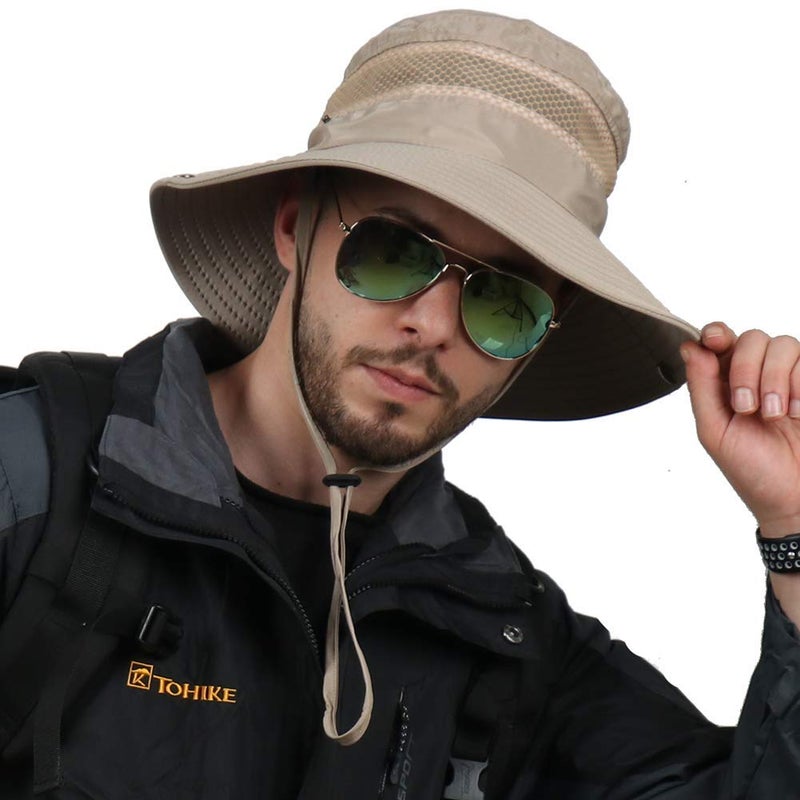 CAMOLAND Breathable Wide Brim Boonie Hat Outdoor UPF 50+ Sun Protection Mesh Safari Cap for Travel Fishing (Khaki) - Image 1